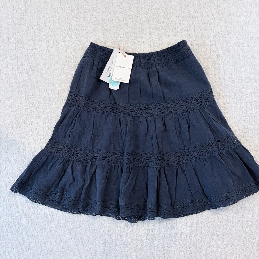 Skies Are Blue Solid Blue Tiered Lace Trim Pull On Lined Skirt Women S 51525ST